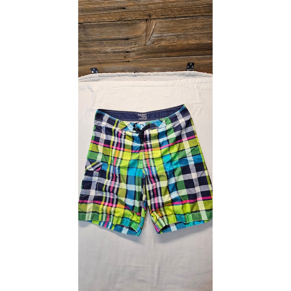 Old Navy Mens XL Plaid Board Shorts Green Blue Pink Swim Trunks Cargo Pocket